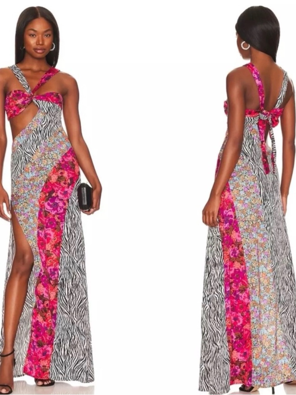 For Love & Lemons Rita Cutout Pink Floral & Zebra patchwork Maxi Dress